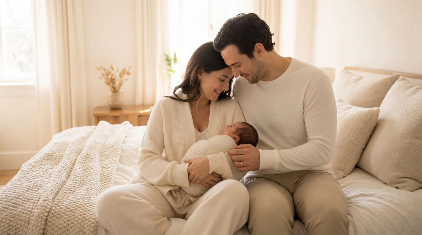 Un couple retrouve son bébé au petit matin, reposé.