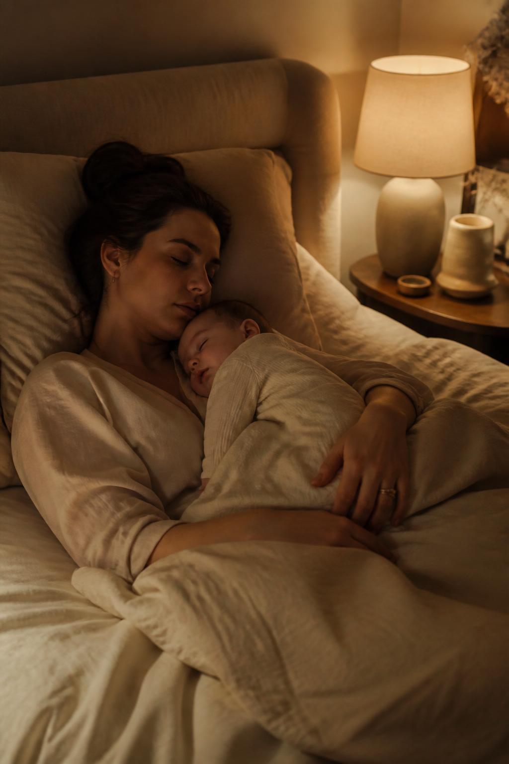Un parent se repose dans une chambre faiblement éclairée, bébé contre lui.